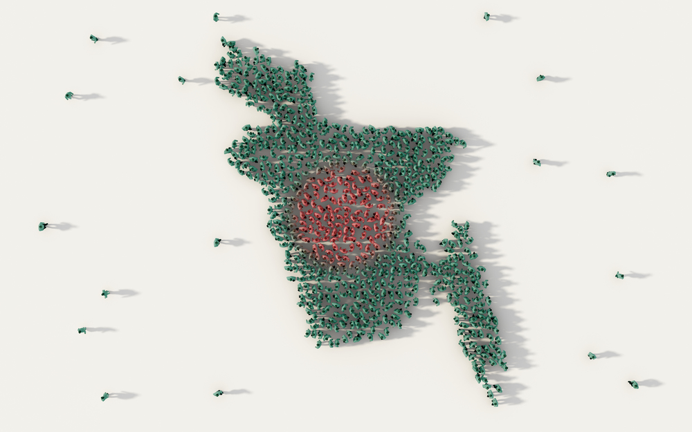 Large group of people forming Bangladesh map and national flag in social media and communication concept on white background. 3d sign symbol of crowd illustration from above gathered together