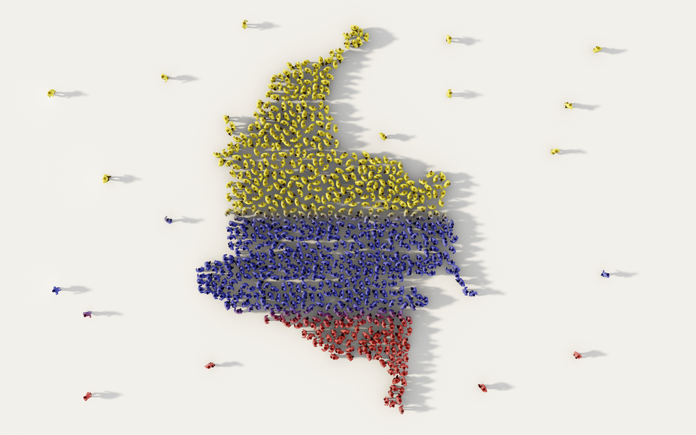 Large group of people forming Colombia map and national flag in social media and communication concept on white background. 3d sign symbol of crowd illustration from above gathered together