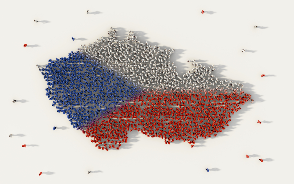 Large group of people forming Czech Republic map and national flag in social media and communication concept on white background. 3d sign symbol of crowd illustration from above gathered together