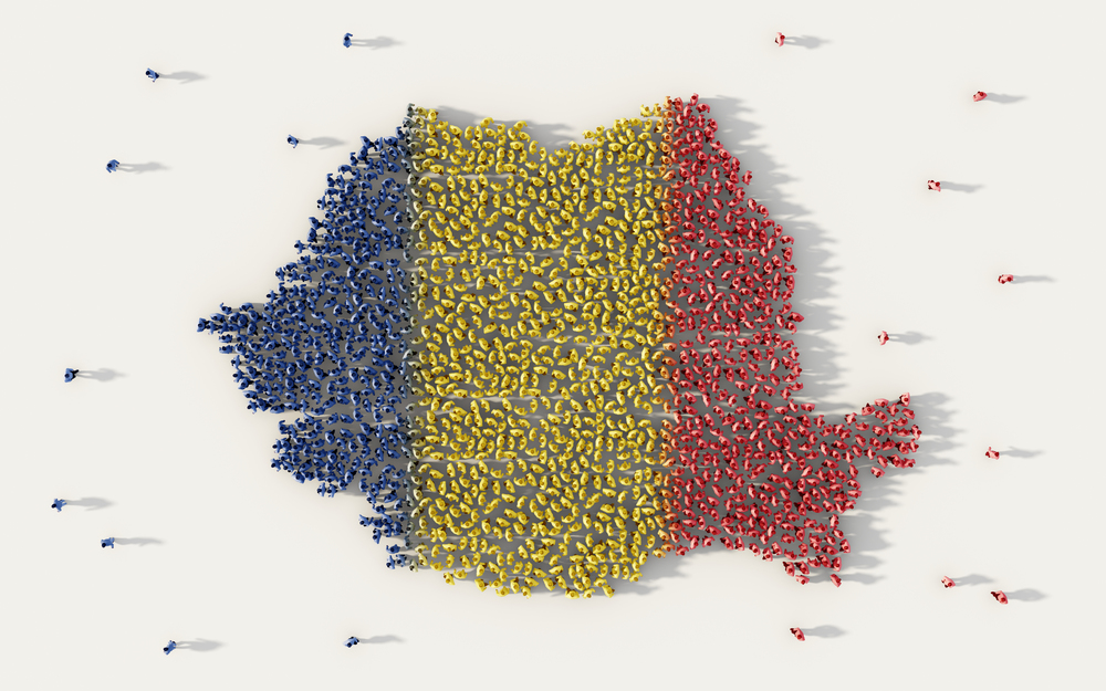 Large group of people forming Romania map and national flag in social media and communication concept on white background. 3d sign symbol of crowd illustration from above gathered together