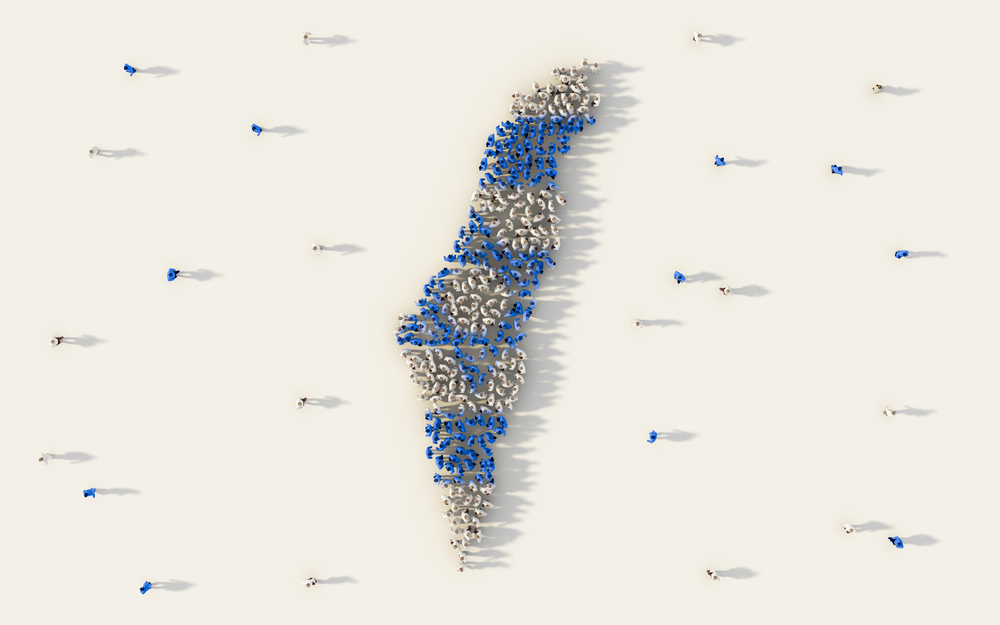 Large group of people forming Israel map and national flag in social media and communication concept on white background. 3d sign symbol of crowd illustration from above gathered together