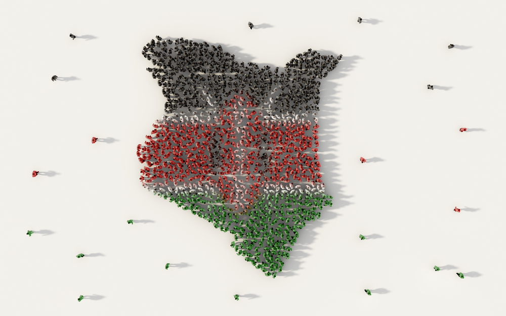Large group of people forming Kenya map and national flag in social media and community concept on white background. 3d sign symbol of crowd illustration from above gathered together