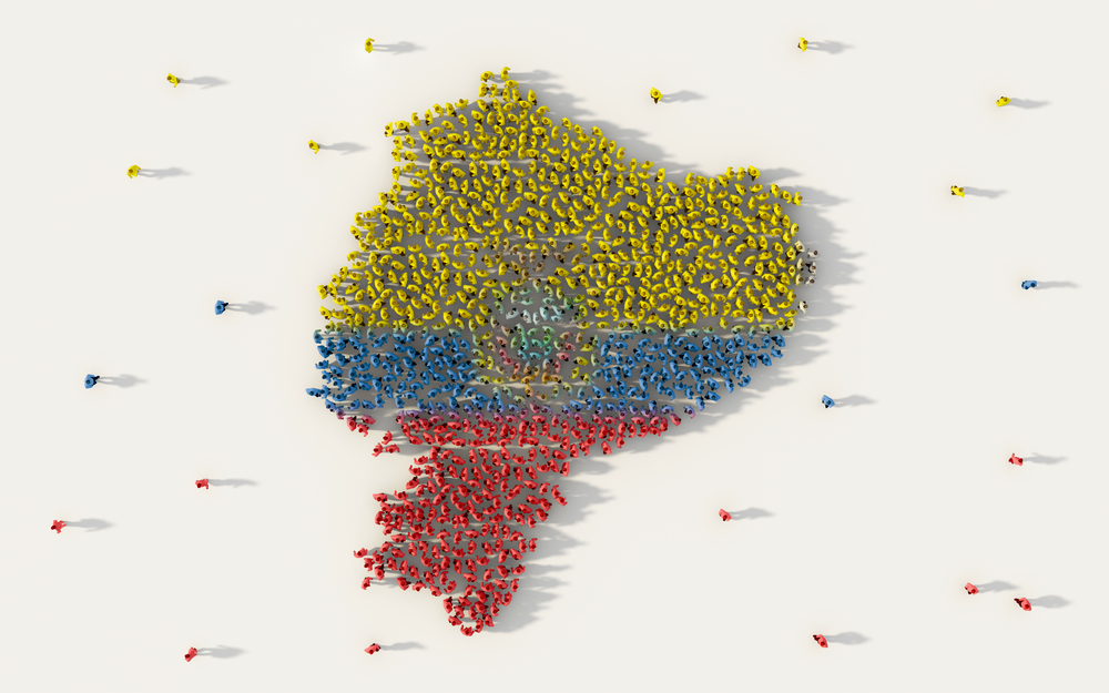 Large group of people forming Ecuador map and national flag in social media and community concept on white background. 3d sign symbol of crowd illustration from above gathered together