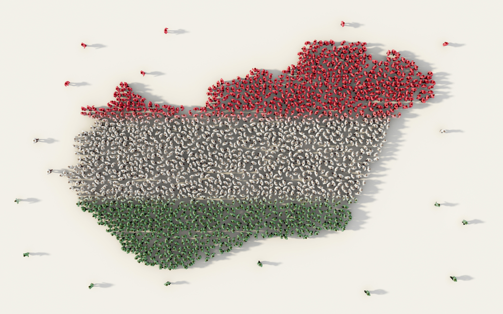 Large group of people forming Hungary map and national flag in social media and community concept on white background. 3d sign symbol of crowd illustration from above gathered together