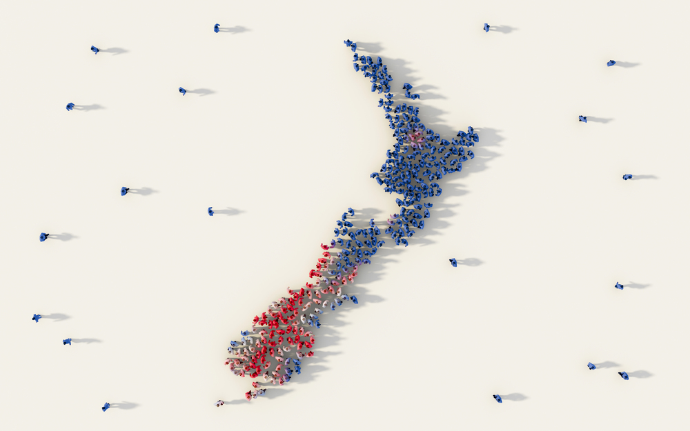 Large group of people forming New Zealand map and national flag in social media and community concept on white background. 3d sign symbol of crowd illustration from above gathered together