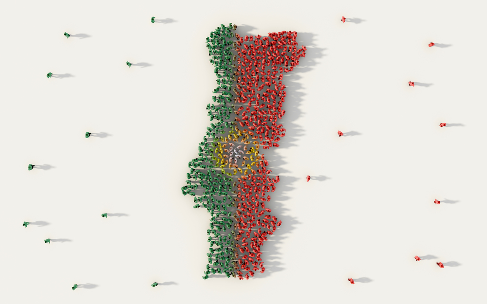 Large group of people forming Portugal map and national flag in social media and community concept on white background. 3d sign symbol of crowd illustration from above gathered together