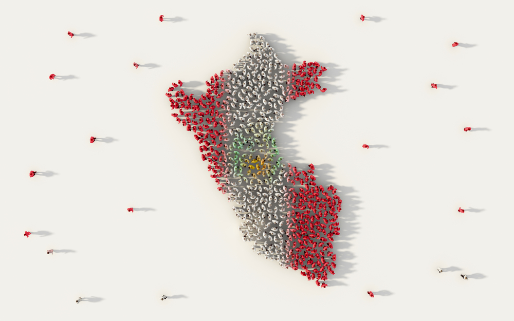 Large group of people forming Peru map and national flag in social media and community concept on white background. 3d sign symbol of crowd illustration from above gathered together