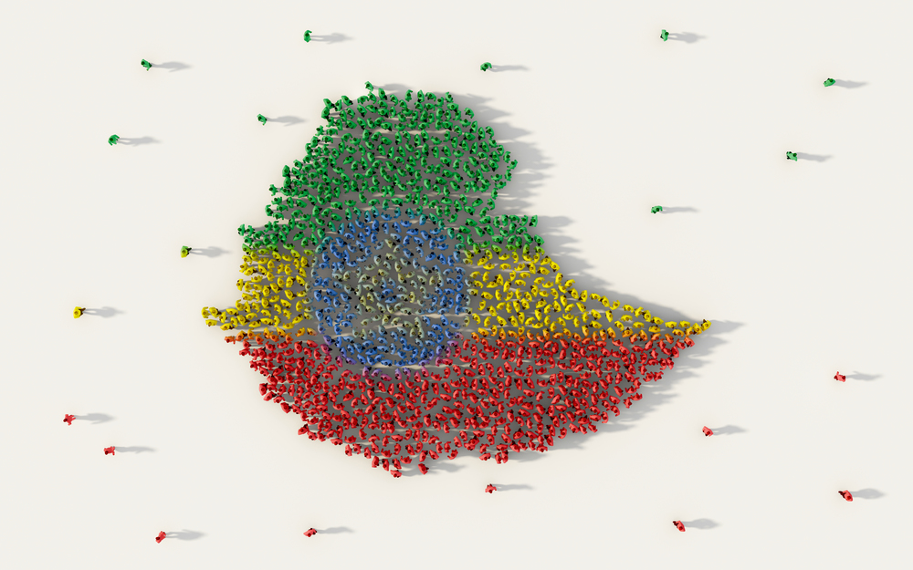 Large group of people forming Ethiopia map and national flag in social media and community concept on white background. 3d sign symbol of crowd illustration from above gathered together
