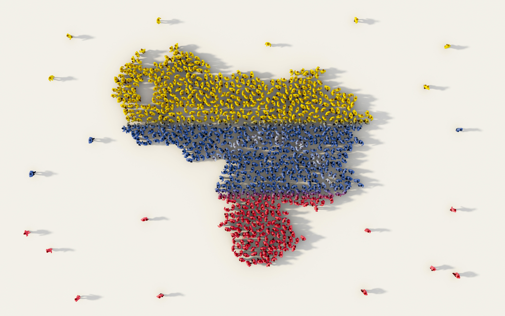Large group of people forming Venezuela map and national flag in social media and community concept on white background. 3d sign symbol of crowd illustration from above gathered together