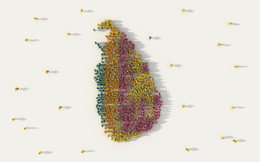 Large group of people forming Sri Lanka map and national flag in social media and community concept on white background. 3d sign symbol of crowd illustration from above gathered together