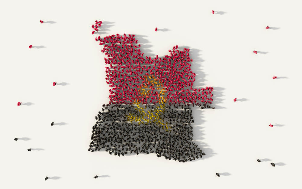 Large group of people forming Angola map and national flag in social media and community concept on white background. 3d sign symbol of crowd illustration from above gathered together