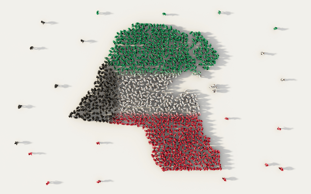 Large group of people forming Kuwait map and national flag in social media and community concept on white background. 3d sign symbol of crowd illustration from above gathered together
