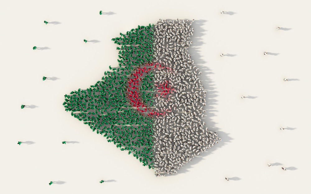 Large group of people forming Algeria map and national flag in social media and community concept on white background. 3d sign symbol of crowd illustration from above gathered together