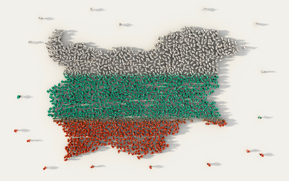 Large group of people forming Bulgaria map and national flag in social media and community concept on white background. 3d sign symbol of crowd illustration from above gathered together