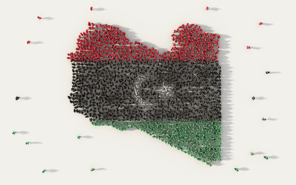 Large group of people forming Libya map and national flag in social media and community concept on white background. 3d sign symbol of crowd illustration from above gathered together