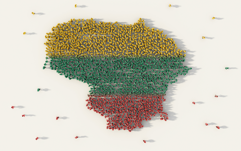 Large group of people forming Lithuania map and national flag in social media and community concept on white background. 3d sign symbol of crowd illustration from above gathered together