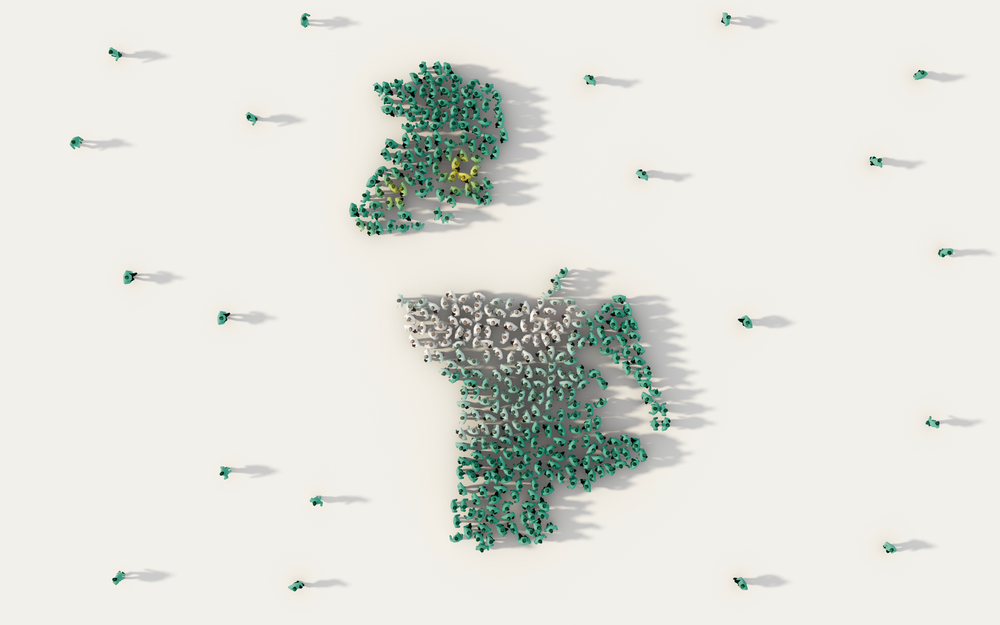 Large group of people forming Macau map and national flag in social media and community concept on white background. 3d sign symbol of crowd illustration from above gathered together