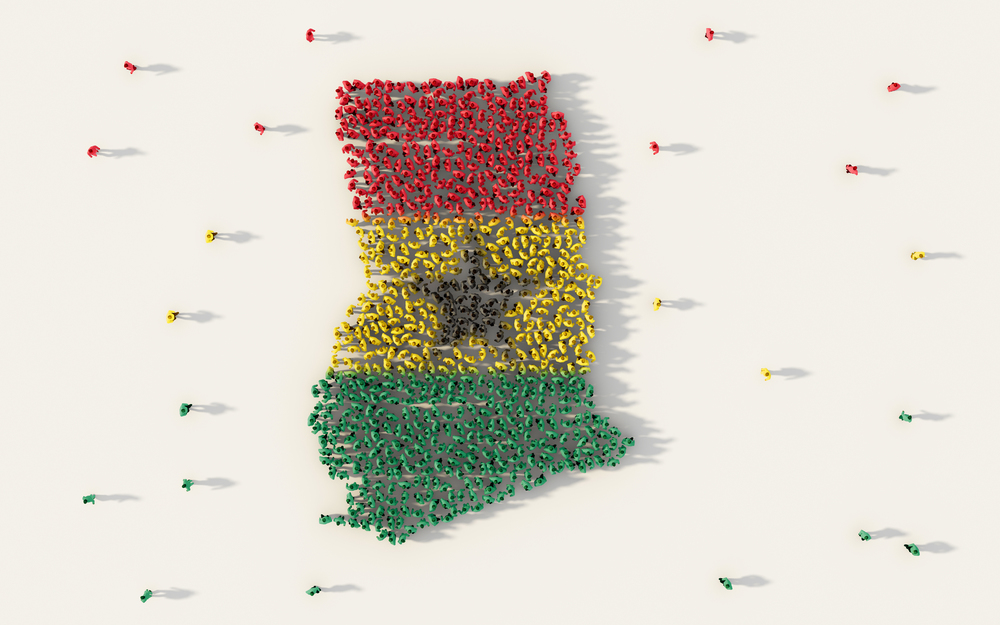 Large group of people forming Ghana map and national flag in social media and community concept on white background. 3d sign symbol of crowd illustration from above gathered together