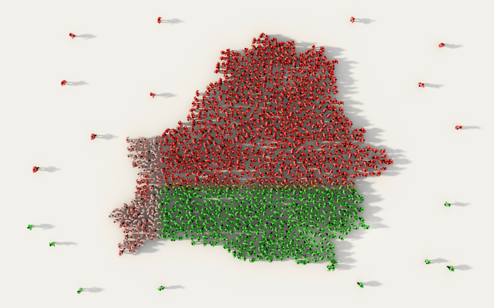 Large group of people forming Belarus map and national flag in social media and community concept on white background. 3d sign symbol of crowd illustration from above gathered together