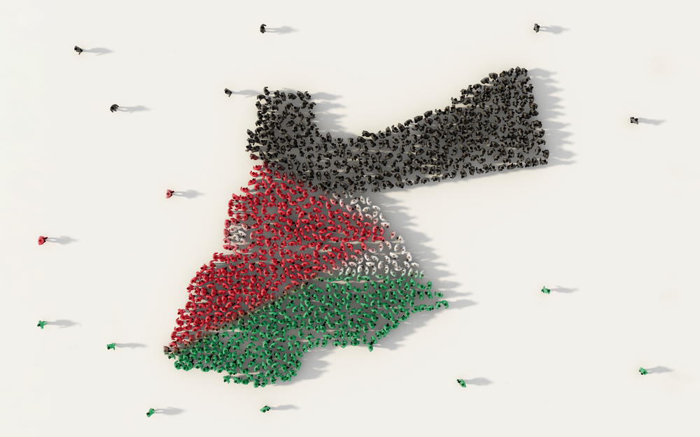 Large group of people forming Jordan map and national flag in social media and community concept on white background. 3d sign symbol of crowd illustration from above gathered together