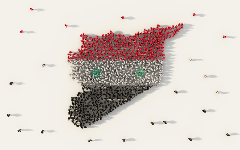 Large group of people forming Syria map and national flag in social media and community concept on white background. 3d sign symbol of crowd illustration from above gathered together
