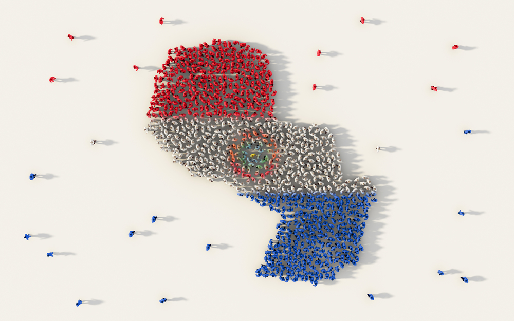Large group of people forming Paraguay map and national flag in social media and community concept on white background. 3d sign symbol of crowd illustration from above gathered together