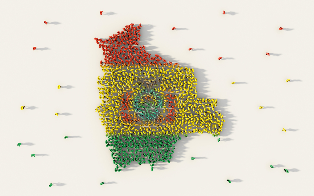 Large group of people forming Bolivia map and national flag in social media and community concept on white background. 3d sign symbol of crowd illustration from above gathered together