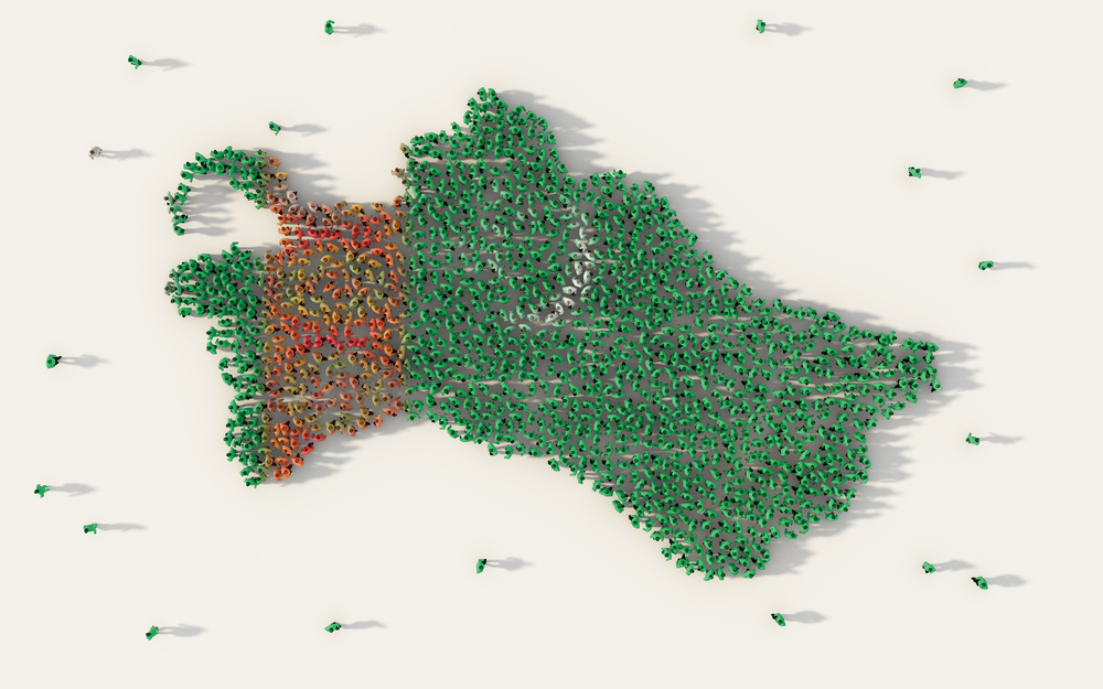 Large group of people forming Turkmenistan map and national flag in social media and community concept on white background. 3d sign symbol of crowd illustration from above gathered together