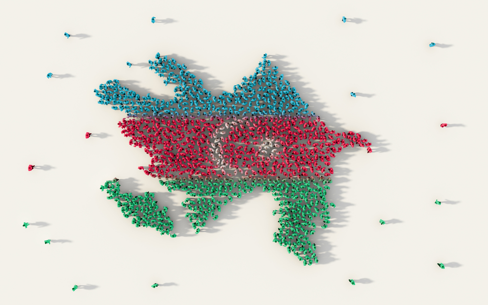 Large group of people forming Azerbaijan map and national flag in social media and community concept on white background. 3d sign symbol of crowd illustration from above gathered together
