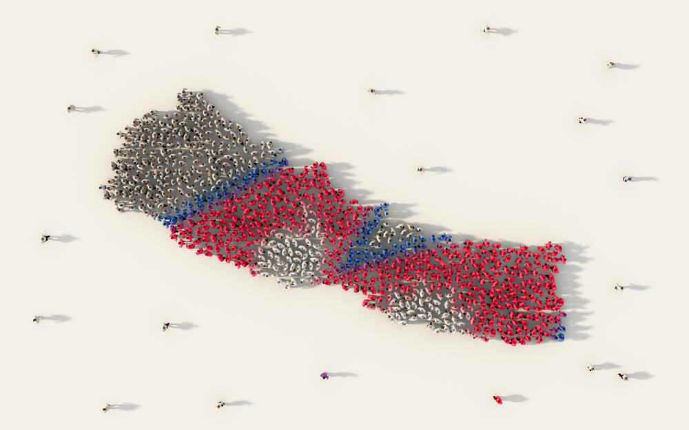 Large group of people forming Nepal map and national flag in social media and community concept on white background. 3d sign symbol of crowd illustration from above gathered together