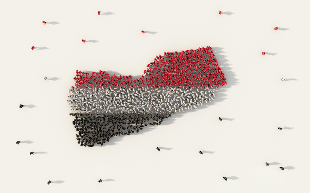 Large group of people forming Yemen map and national flag in social media and community concept on white background. 3d sign symbol of crowd illustration from above gathered together