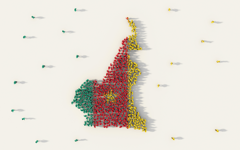 Large group of people forming Cameroon map and national flag in social media and community concept on white background. 3d sign symbol of crowd illustration from above gathered together