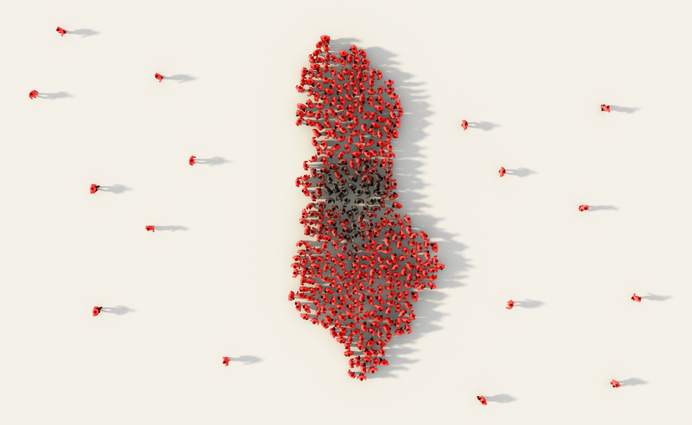 Large group of people forming Albania map and national flag in social media and community concept on white background. 3d sign symbol of crowd illustration from above gathered together
