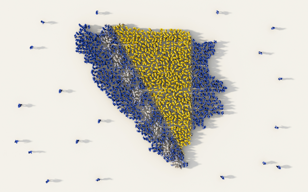 Large group of people forming Bosnia and Herzegovina map and national flag in social media and community concept on white background. 3d sign symbol of crowd illustration from above gathered together