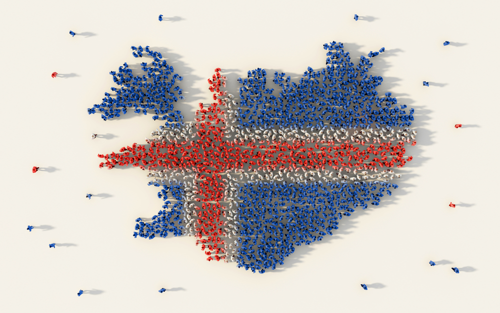 Large group of people forming Iceland map and national flag in social media and community concept on white background. 3d sign symbol of crowd illustration from above gathered together