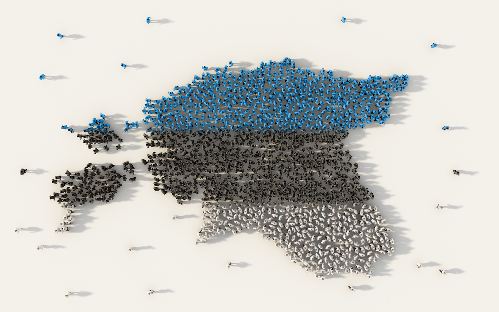 Large group of people forming Estonia map and national flag in social media and community concept on white background. 3d sign symbol of crowd illustration from above gathered together
