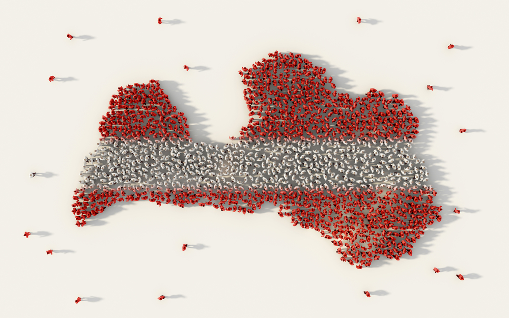 Large group of people forming Latvia map and national flag in social media and community concept on white background. 3d sign symbol of crowd illustration from above gathered together