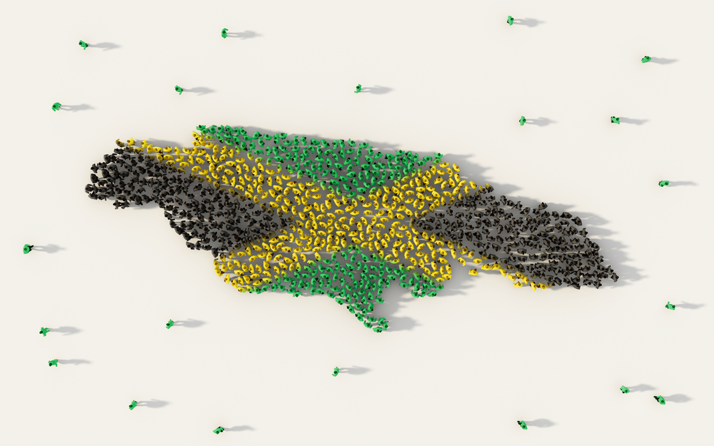 Large group of people forming Jamaica map and national flag in social media and community concept on white background. 3d sign symbol of crowd illustration from above gathered together