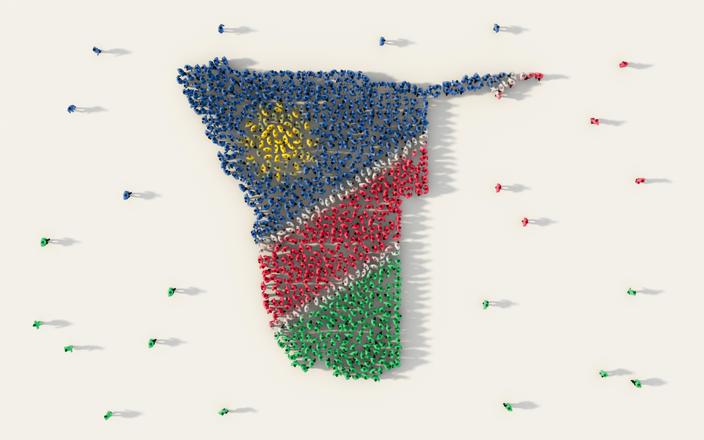 Large group of people forming Namibia map and national flag in social media and community concept on white background. 3d sign symbol of crowd illustration from above gathered together