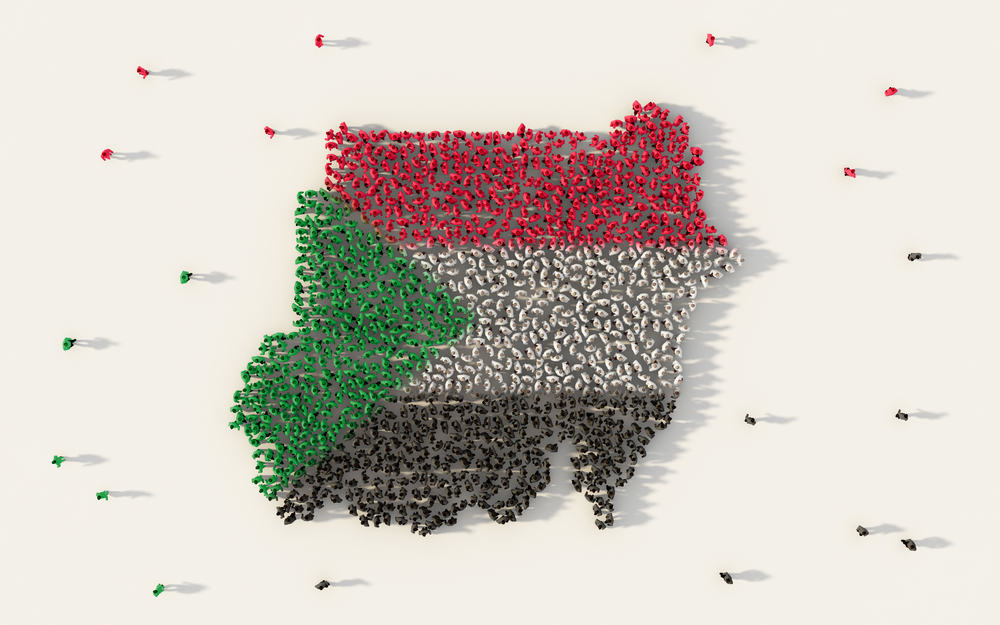 Large group of people forming Sudan map and national flag in social media and community concept on white background. 3d sign symbol of crowd illustration from above gathered together