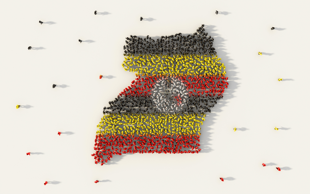 Large group of people forming Uganda map and national flag in social media and community concept on white background. 3d sign symbol of crowd illustration from above gathered together