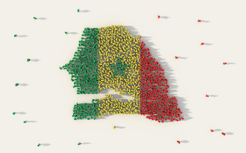 Large group of people forming Senegal map and national flag in social media and community concept on white background. 3d sign symbol of crowd illustration from above gathered together