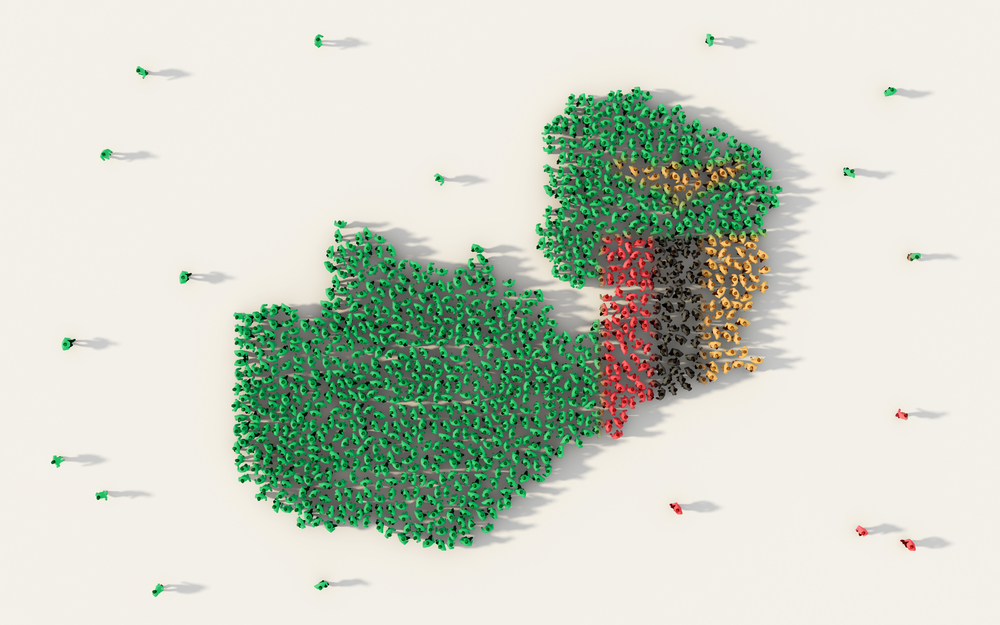 Large group of people forming Zambia map and national flag in social media and community concept on white background. 3d sign symbol of crowd illustration from above gathered together