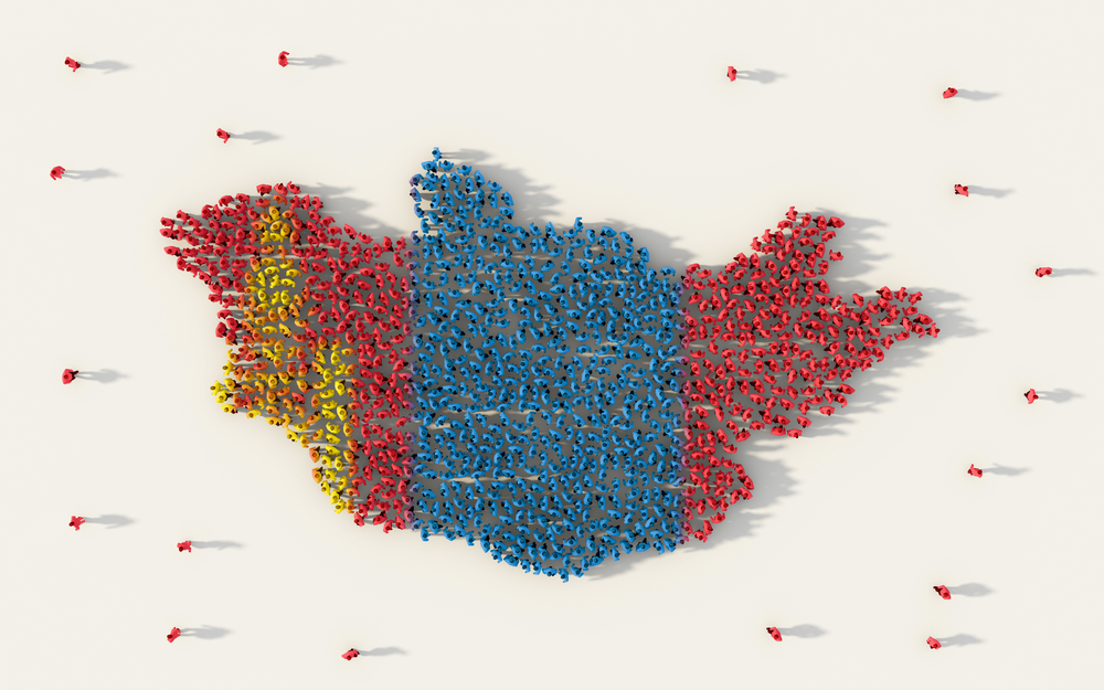 Large group of people forming Mongolia map and national flag in social media and community concept on white background. 3d sign symbol of crowd illustration from above gathered together