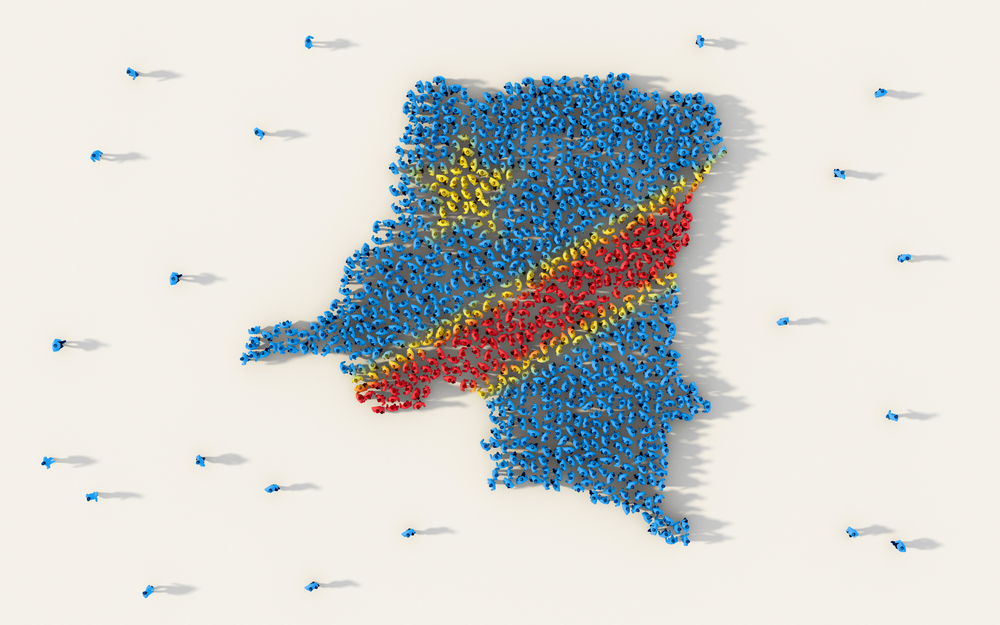 Large group of people forming Democratic Republic of the Congo map and national flag in social media and community concept on white background. 3d sign symbol of crowd illustration from above