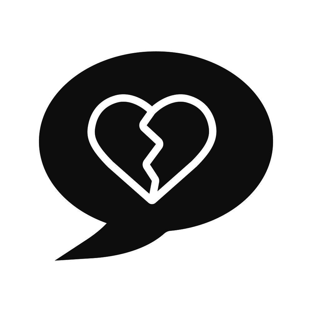 Breakup message glyph icon. Silhouette symbol. Chat box with heartbreak. Negative space. Vector isolated illustration. Breakup message glyph icon