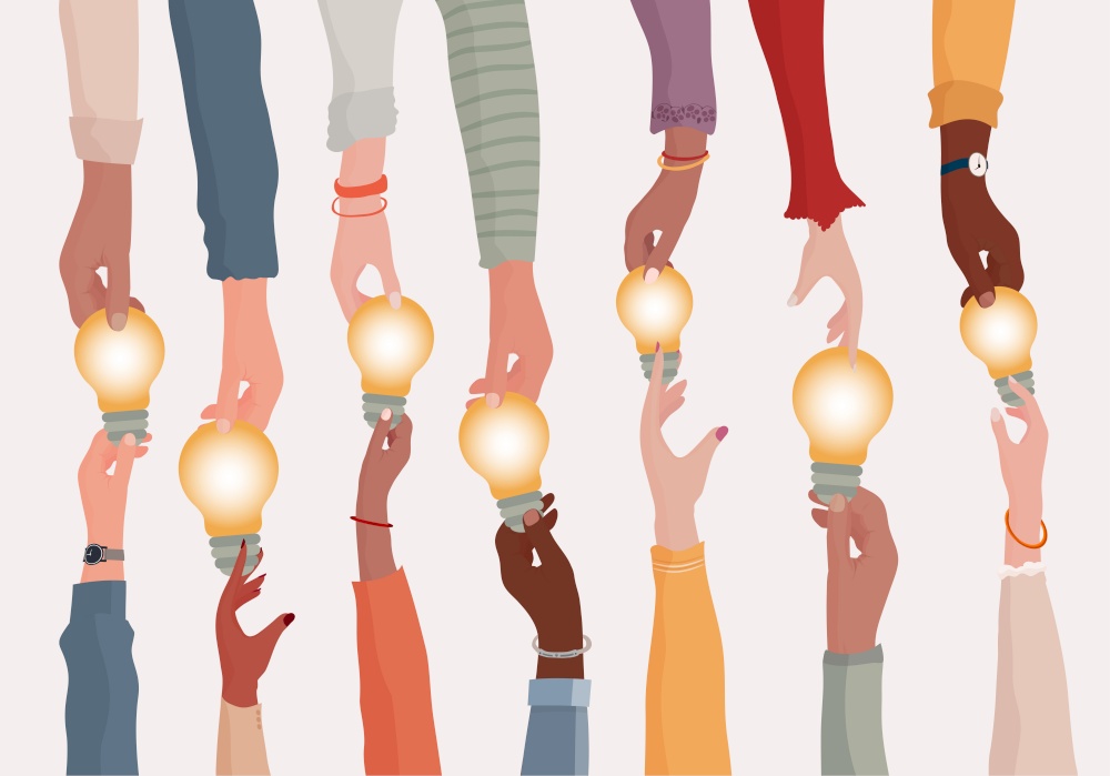Brainstorming concept.Metaphor of diverse people proposing or sharing innovative ideas solutions and agreements.Collaborating colleagues or co-workers.Hands holding a light bulb.Teamwork