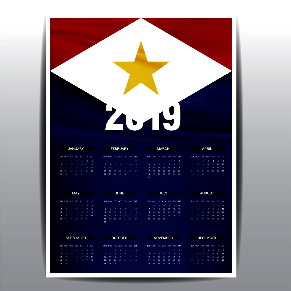 Calendar 2019 saba Flag background. English language