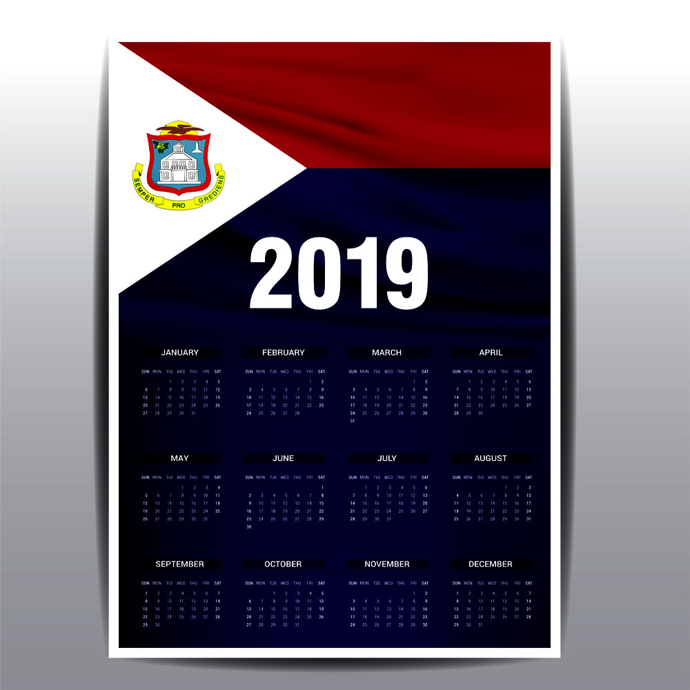 Calendar 2019 Saint-Martin Flag background. English language