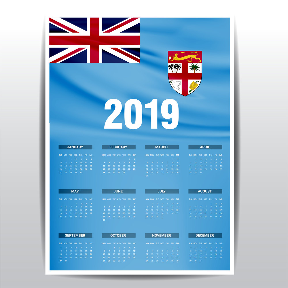 Calendar 2019 Federation Bosnia and Herzegovina Flag background. English language
